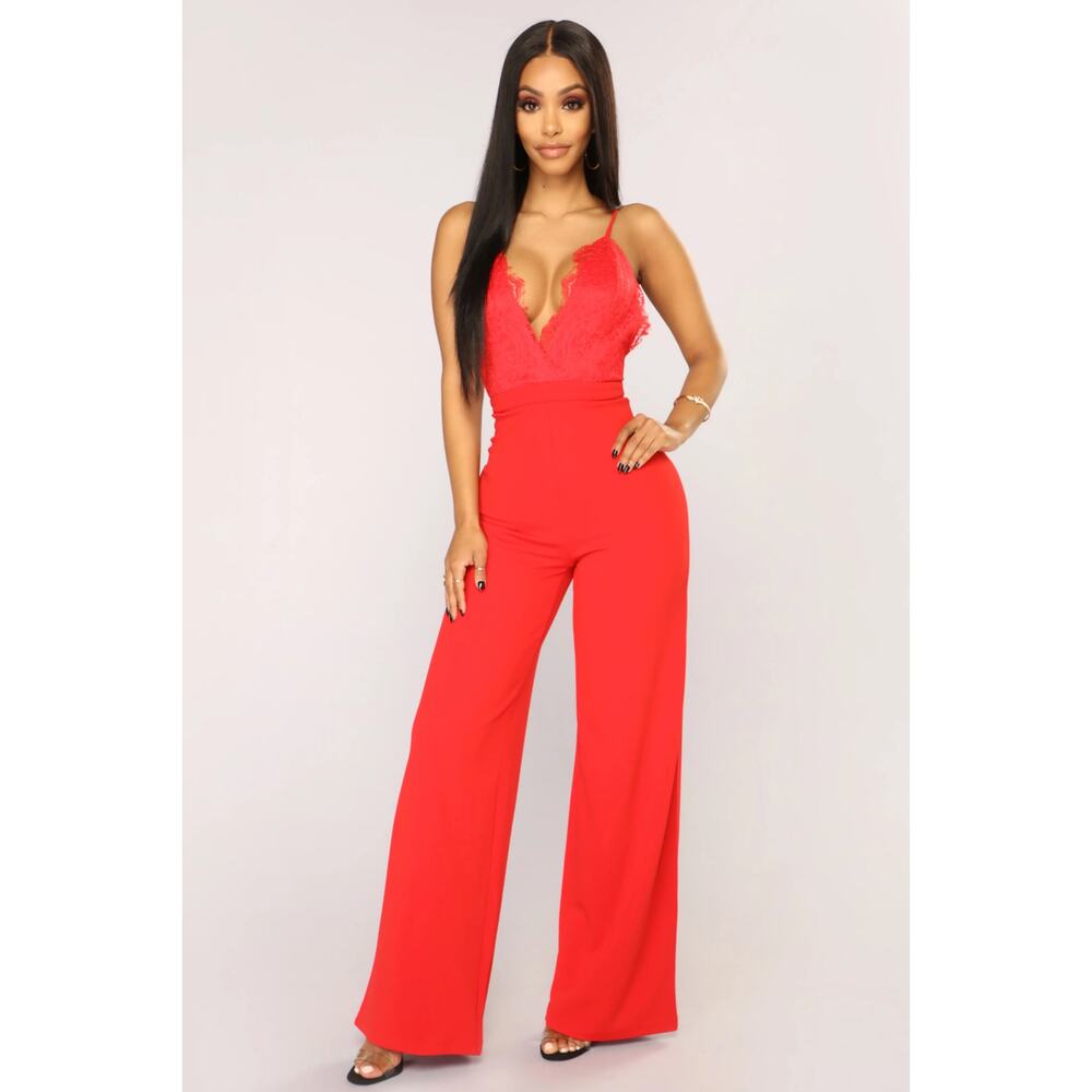 Fashion Nova Jumpsuit Womens M Red Lace Wide Leg V-Neck Sexy Date Night Miami